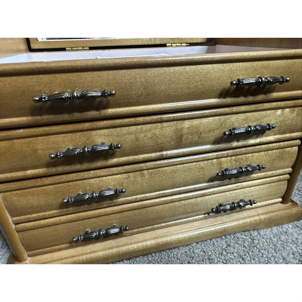 Vintage Wood Jewelry Armoire Chest Box Mirrored Lift  Maple Color